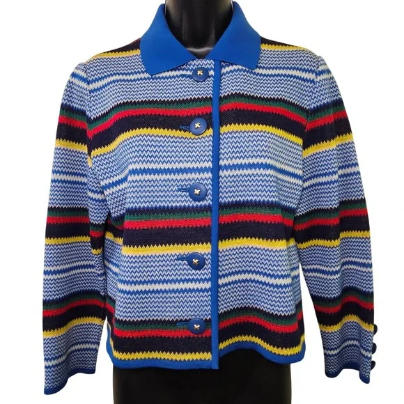 Vtg Yves Saint Laurent YSL Striped Button Cardigan M Nautical Snap Collar Lux - Picture 2 of 10